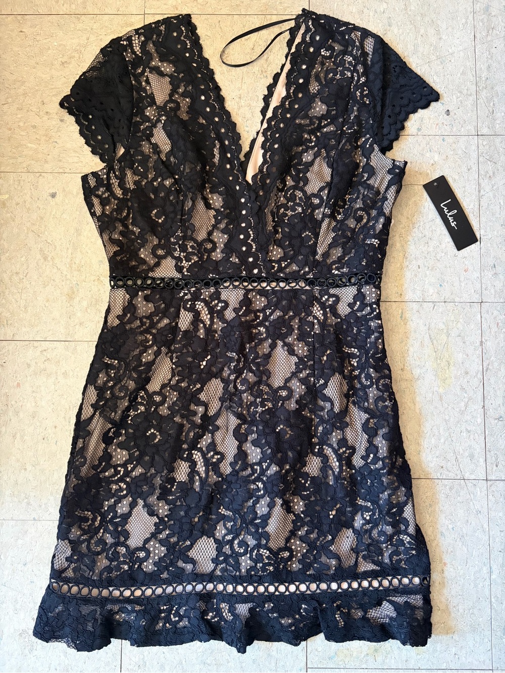 Lulu's Black Lace V-Neck Mini Dress with Nude Lining